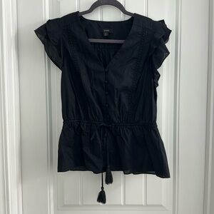 J.Crew Ruffled Sleeve, Embroidered VNeck Top with Buttons and Tassels.